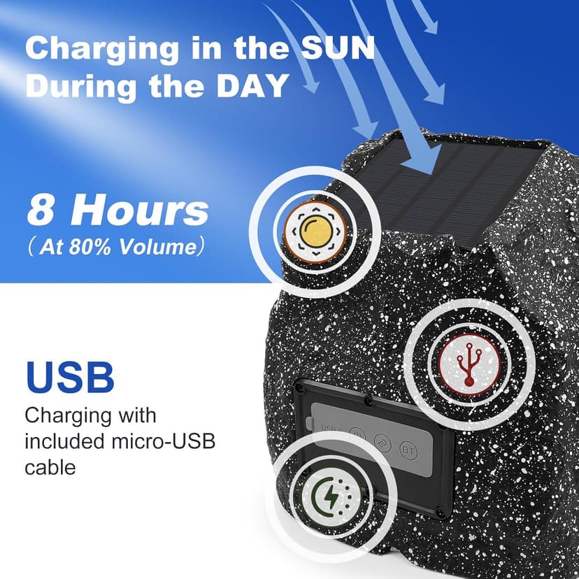 STUDIOFINIX 6.5" Rock Speakers Outdoor Waterproof - 5.3 Bluetooth Wireless Speaker Solar Powered Max Peak 200W for Garden,Patio,Deck,Pool,Backyard (Gray 1 Pair)
