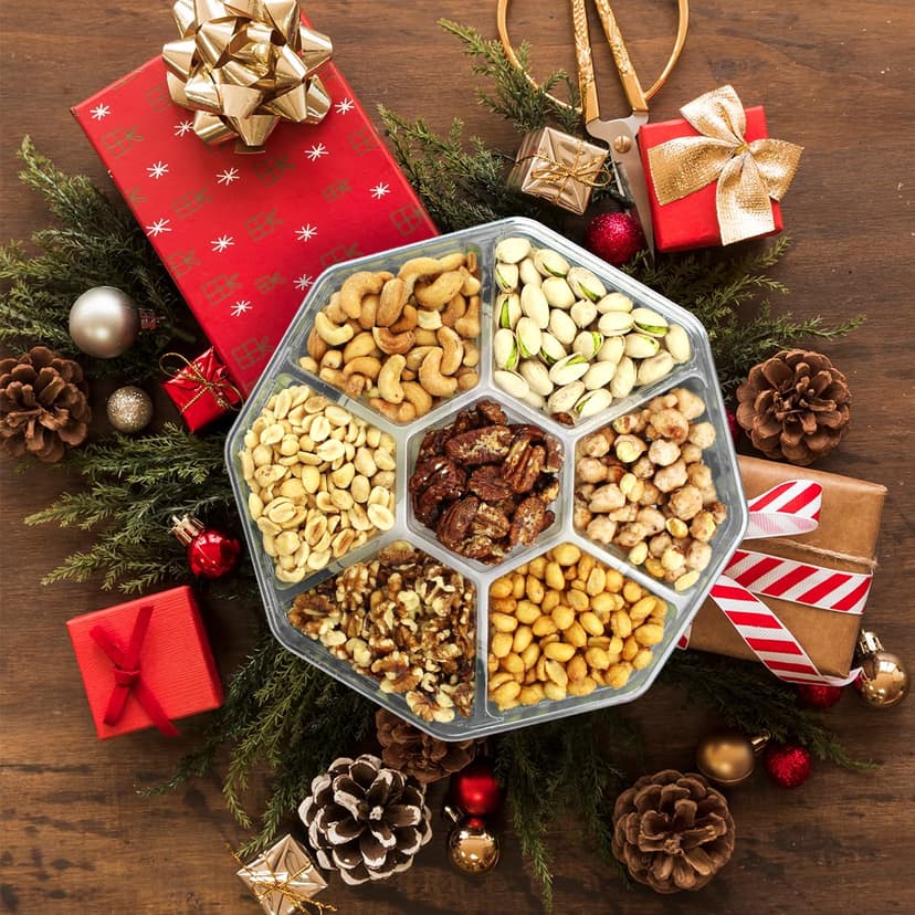 Christmas Nuts Gift Basket for Holiday Season, Premium Mixed Nut Assortment Gift Gourmet Snack Food Present Box, Christmas Gift Basket for Family (7 Sectional)
