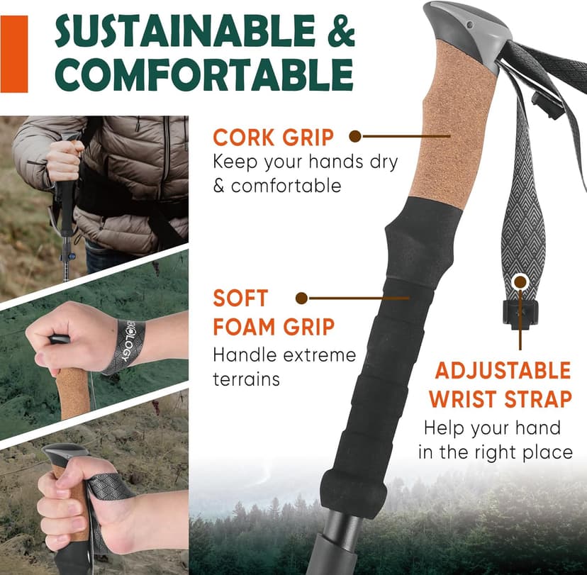 TREKOLOGY Trek-Z Cork Grip Trekking Poles – Lightweight Folding Hiking Poles, Adjustable Height, Compact Travel Design, Aircraft-Grade Aluminum Walking Sticks for Men & Women