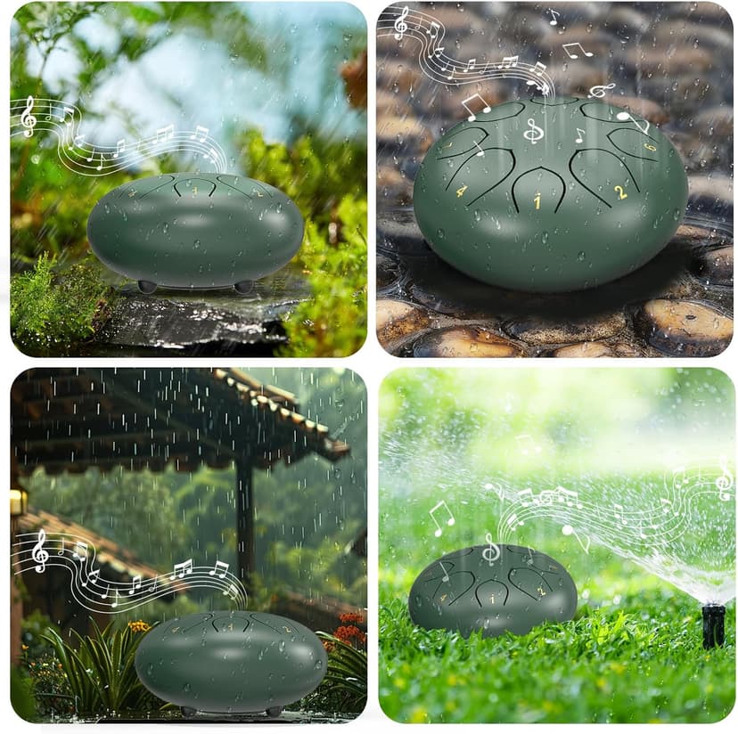 Rain Drum for Outside Garden, 6 Inches 8 Notes Steel Tongue Chakra Drums, Waterproof Meditation Rain Chime, Musical Instruments for Adult Gift with Bag, Music Book, Drum Mallets (Green) B0D9QJNPJ3