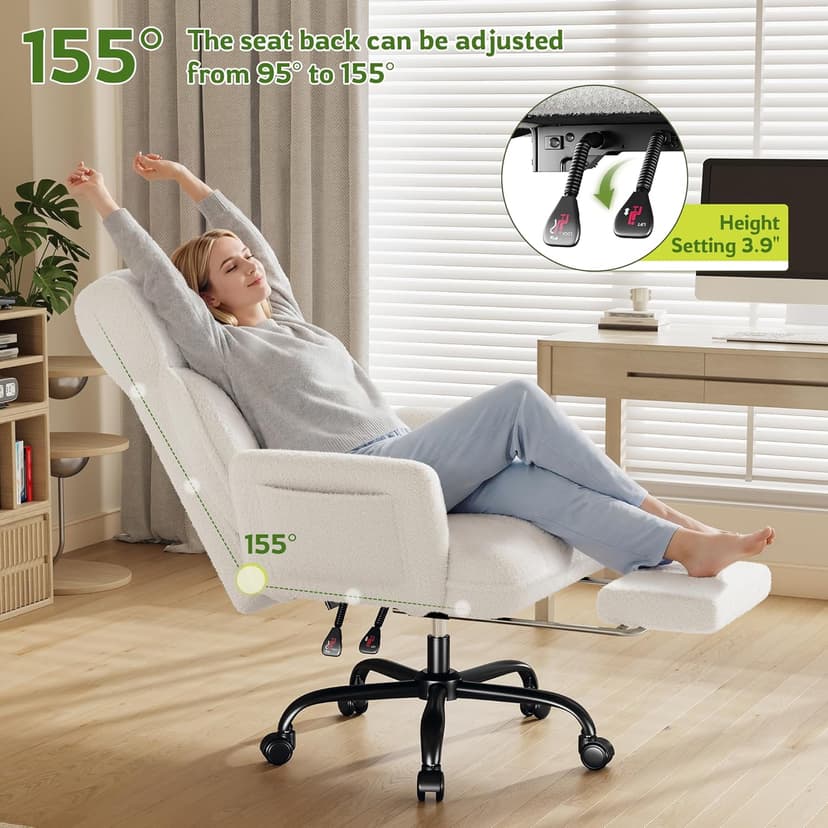 DurayLoly Big and Tall Office Chair with Adjustable Arms and Back, Ergonomic Office Chair with Footrest and Comfortable Fabric for Home Office, Bedroom,White