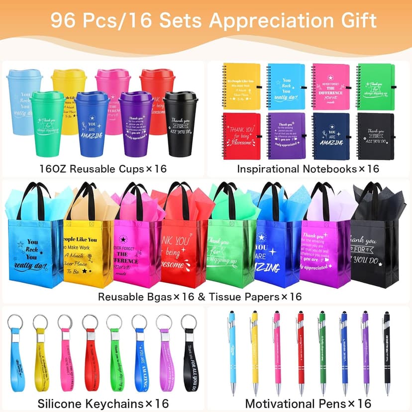 96 Pcs/16 Sets Employee Appreciation Gifts Bulk - Includes Thank You Gift Bags with Tissue Paper Notebooks Pens Cups Keychains - Thank You Gifts for Coworkers Teachers Staff Team Volunteers (Colorful) B0G5BXG2GB