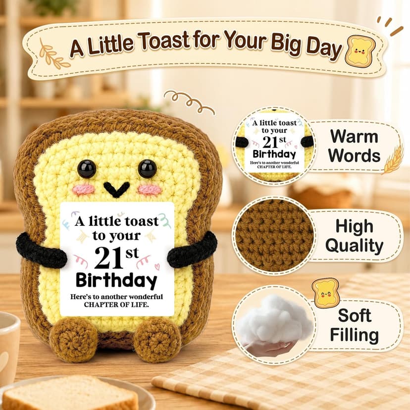 A Little Toast to Your 21st Year Old Birthday Gifts for Friend Sister Daughter Girls, Happy 21st Bday Decor Female Gift Ideas 21st Birthday Gifts for Women Her Funny Handmade Crochet Toast with Card B0HGLC5JWW