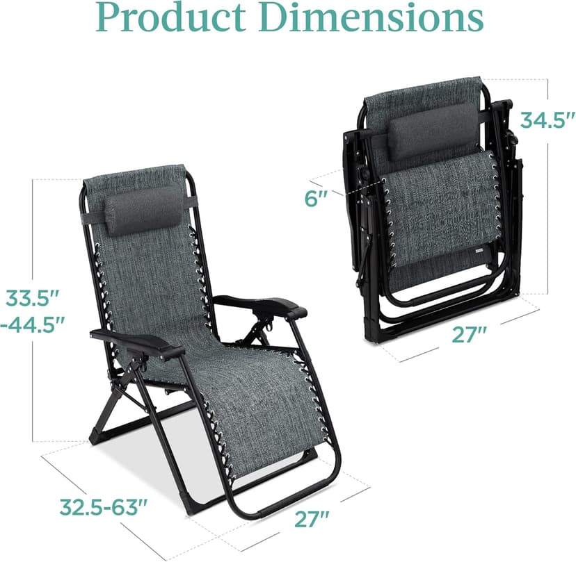 Best Choice Products Oversized Zero Gravity Chair, Folding Outdoor Patio Recliner, XL Anti Gravity Lounger w/Removable Cushion, Cup Holder, Side Tray, 350lb Capacity - Fossil Gray