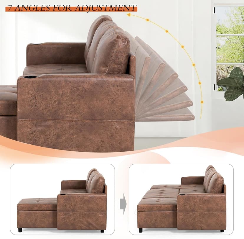 Lesofair 84" L-Shape Pull Out Sofa Bed with Adjustable Backrest, Upholstered Sectional Sleeper Sofa with Storage Chaise, Suede Leather Reversible Couch Bed with USB Port for Living Room, House, Brown