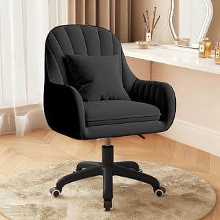 JPBSTO Upholstered Desk Chair with Pillow Swivel Rolling Accent Chair for Women Girls, Adjustable Height Vanity Chair with Wheels for Living Room, Home Office, Black
