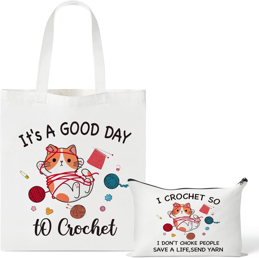 Y1tvei Cartoon Cat Canvas Bags - 2Pcs It’s A Good Day to Crochet Canvas Tote Bag Makeup Pouch, Reusable Grocery Folding Shopping Handbag, Knitting Crocheting Funny Gifts for Knitter Crocheters Women