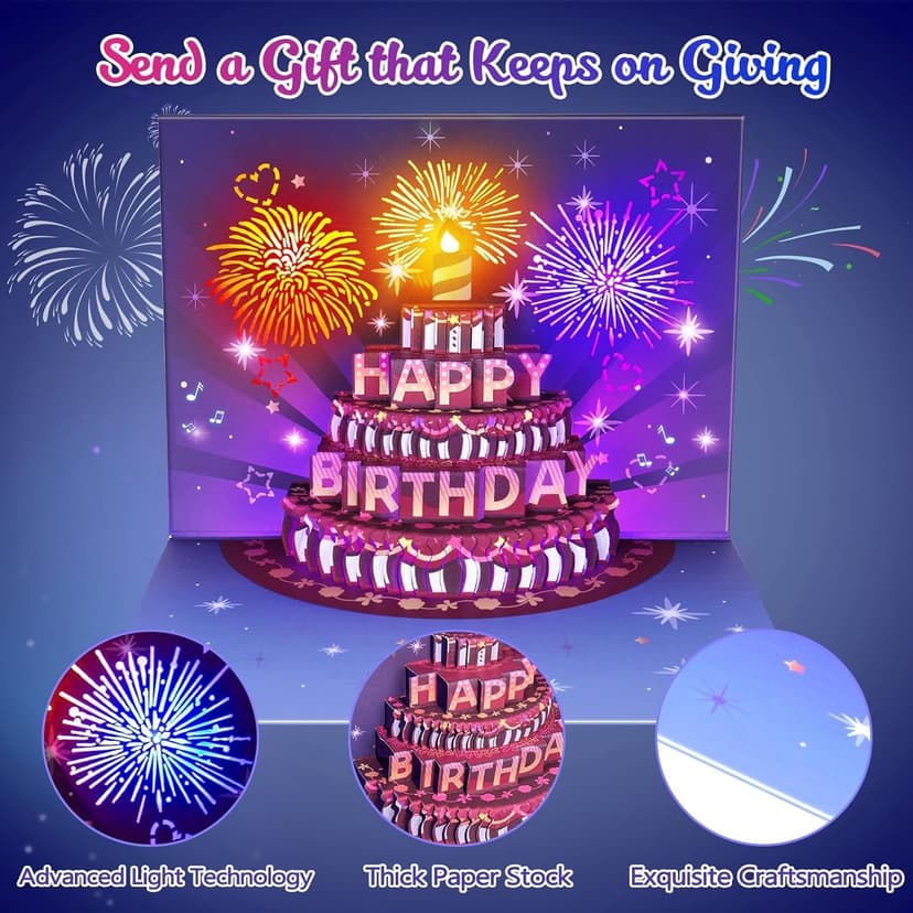 INPHER Birthday Cards Fireworks Pop Up Cake Light and Music Happy Birthday Gifts Decorations for Women, Men, Mom, Grandma