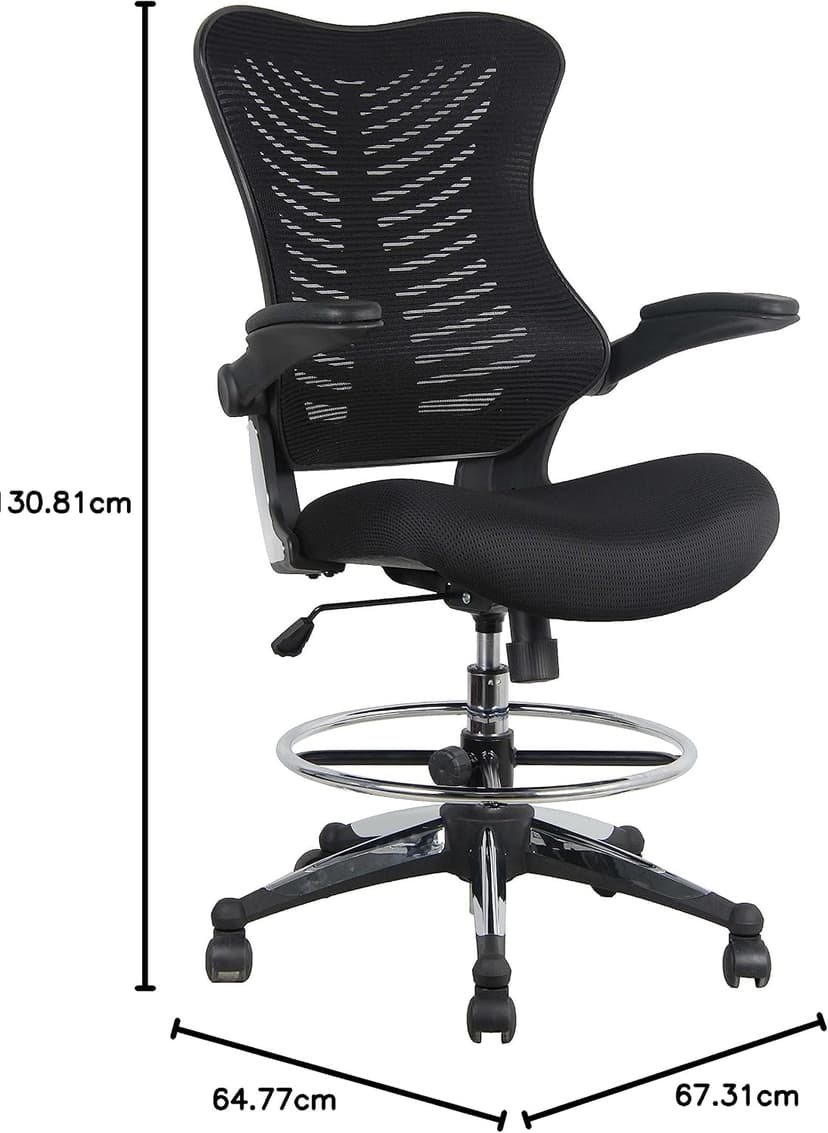 OfficeFactor 300 Lbs Tall Drafting Chair with Adjustable Foot Ring & Flip-Up Arms – Ergonomic Standing Desk Chair, Breathable Mesh Office Chair for Tall Desks, Counter Height & Reception(Black)