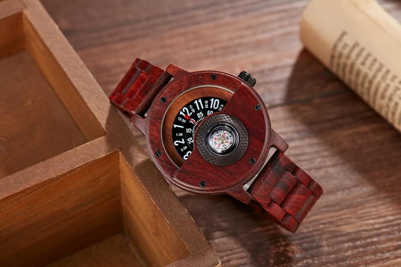 GORBEN Men's Handmade Wooden Watches Mens Lightweight Analog Quartz Wood Mens Wrist Watch with Compass
