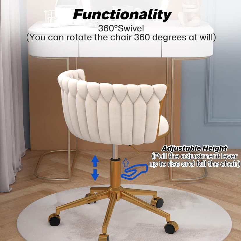 HENGJIANYI Velvet Woven Home Office Chair, Modern Swivel Desk Chair with Wheels, Height Adjustable Vanity Chair with Gold Metal Base and Hand Weaving Back, Beige