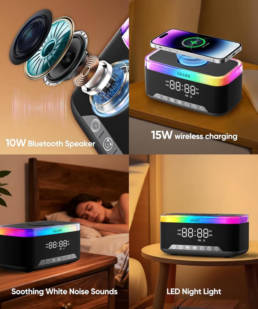 GILLIER Wireless Charging Alarm Clock Radio for Bedrooms – 15W Fast Wireless Charger Station for iPhone/Samsung, Bluetooth Stereo Speaker with FM Radio, Dimmable Display, USB Port, Sleep Timer, Black