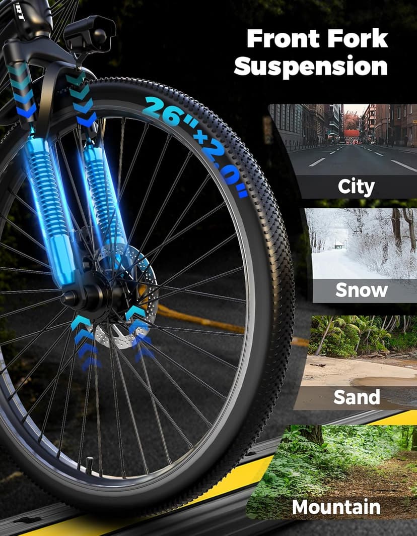 Electric Bike for Adults, 1500W Peak Mountain Ebike with 25 MPH, 65 Miles Range, 7 Speeds, 48V 10Ah Removable Battery 26" Ebike for Commute