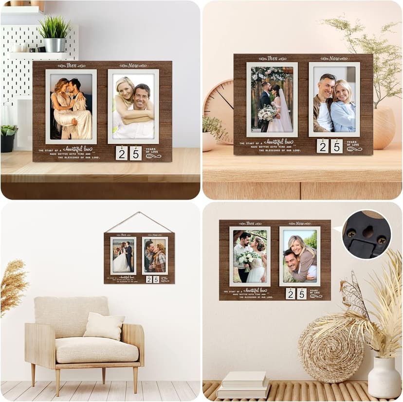 Then & Now Anniversary Picture Frame, 1-99 Years Wedding Gift Ideas - Anniversary Wood Photo Frame, Engagement Bridal Shower Gifts with Sentimental Quote - Holds 2 4x6 Inches Photos (Then & Now)