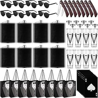 Tioncy 48 Pcs Groomsmen Proposal Gift 8 Engraved Pocket Knife 8 Groomsmen Gift Bags 8 Shot Glasses with Tuxedos 8 Stainless Steel Hip Flask 8 Poker Card Bottle Opener 8 Sunglasses