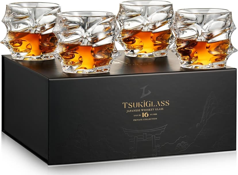 TSUKIGLASS® Storm Premium Japanese Crystal Whisky Glasses Set of 4 - Gift Ready Box, 100% Ultra Clarity Lead-Free Crystal, 10oz Tumblers for Bourbon, Scotch & Cocktails, Luxury Gift for Men