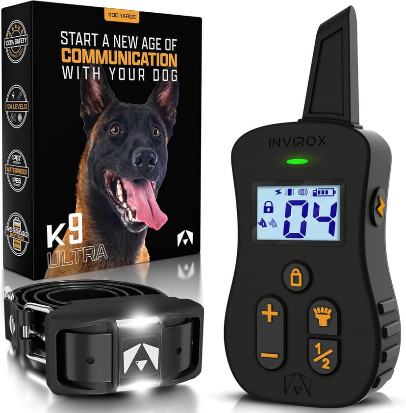 INVIROX Ultra K9 Dog Training Collar with Remote, 124 Levels for Reactive, Stubborn or Hard-to-Train Dogs, ¾ Mile Range, Night-Light Mode, Safe Communication, IP67 Waterproof E Collar for Large Dogs