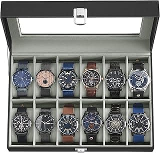 SONGMICS SONGMICS Watch Box, 12-Slot Watch Case Organizer with Large Glass Lid, Removable Pillows, Gift for Loved Ones, Black Synthetic Leather, Gray Lining UJWB12BK