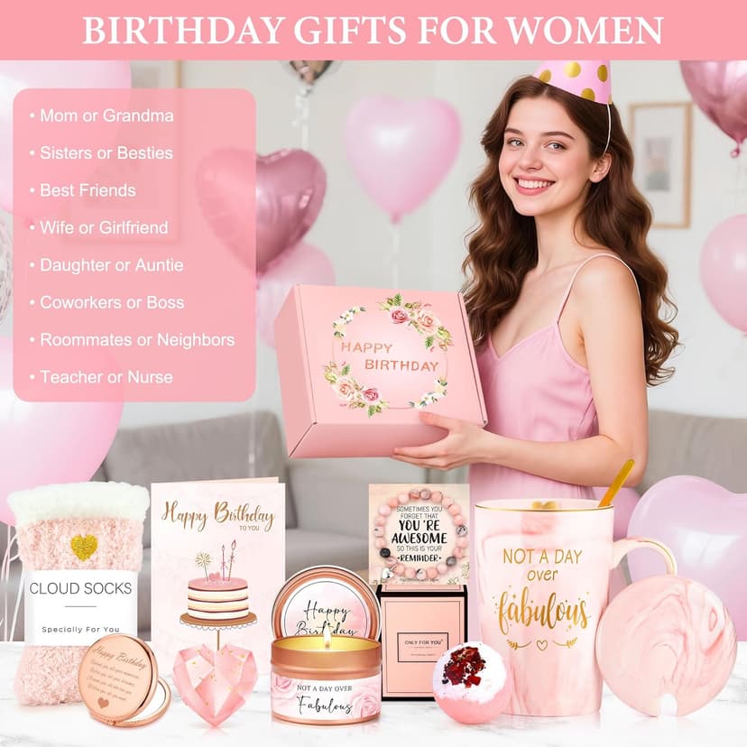 Birthday Gifts for Women Happy Birthday Gift Baskets for Women Unique Not A Day Over Fabulous Mug Gift ideas Pink Gifts Box Set Presents for Her Friends Mom Sister Wife Coworkers Daughter Aunt Mom