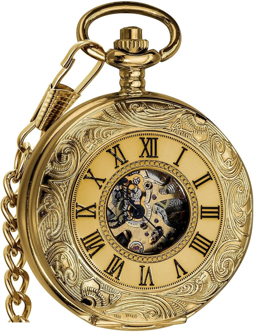 VIGOROSO Vintage Hand Wind Up Pocket Watches for Men, Mechanical Pocket Watch with Chain, Mens Skeleton Pocketwatch