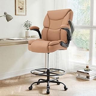 Ergonomic Drafting Chair, Tall Office Chair for Standing Desk, High Back Standing Desk Chair with Flip-Up Armrest, Adjustable Height&Foot Ring, Executive PU Leather Extended Height Office Chairs,Brown