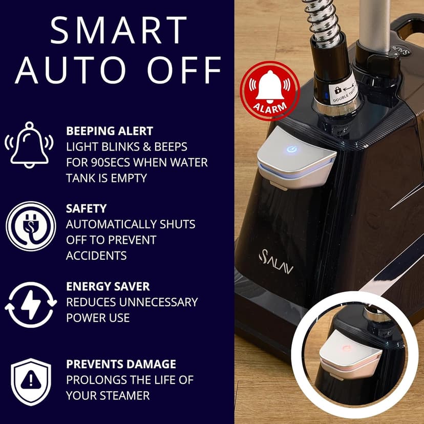 SALAV® Heavy Duty Smart Auto Shut-off Commercial Full-Size Garment Steamer, Beeping Alert when Water Runs out, Foot Pedal Control, XL 3L (101.5 oz) Tank, 1800 watts, 90+min of Continuous Steam, Navy