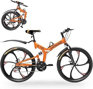Outroad 26 Inch Folding Mountain Bike, 21 Speed Full Suspension High-Carbon Steel MTB Foldable Bicycle, Dual Disc Brake Non-Slip Folding Bikes for Adults/Men/Women, Black, Orange and Green