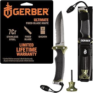 Gerber Gear Ultimate Survival Knife, Fixed Blade Knife with Combo Edge, includes Fire Starter Edge and Ferro Rod, Whistle, Sheath with Integrated Sharpener - Bushcraft, Hunting and Camping Tool