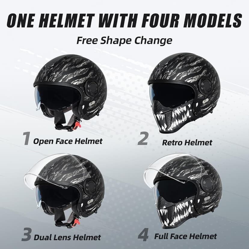 TRIANGLE Convertible Full Face Motorcycle Helmet DOT Approved for Men Women, Multi-Configuration 3/4 Open Face Street Bike Helmet with Internal Tinted Sunshield, Includes Storage Bag