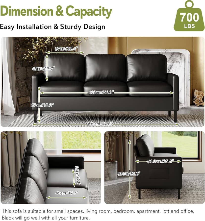 STHOUYN 72" W Faux Leather Black Sofa 3 Seat Couch, Modern Comfy Couch with 2 USB, Small Couches for Living Room Apartment Bedroom Small Spaces, Office(Black (Sofa))