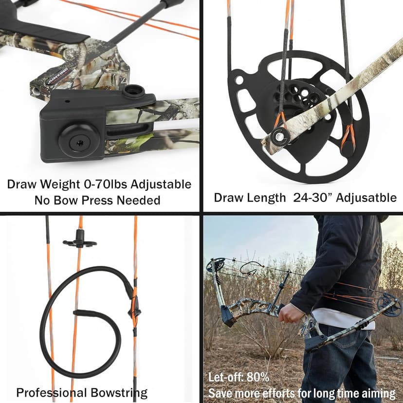 Archery Bowfishing Compound Bow Kit, 0-70lbs Adjustable,Ready to Fish Kit with Bowfishing Reel,Bow Fishing Arrows,Right-Handed for Adult/Youth Fishing Hunting Target Shooting