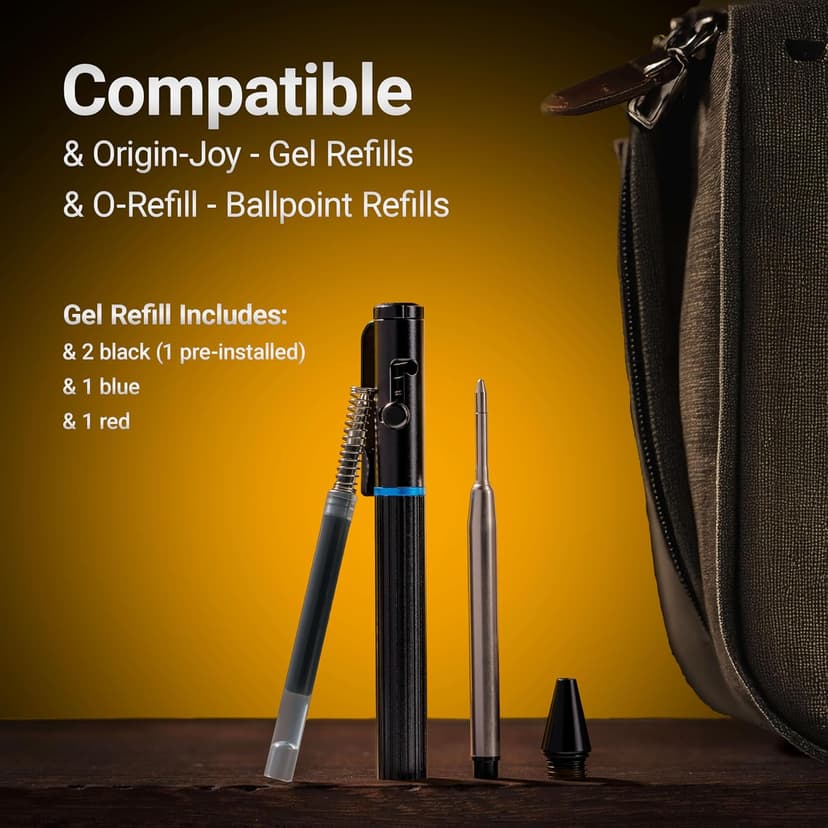 Origin-Joy Mini EDC Bolt Action Tactical Pen, Retractable Tungsten Steel Tip, Compatible with Both Ballpoint and Gel Refills (Black)