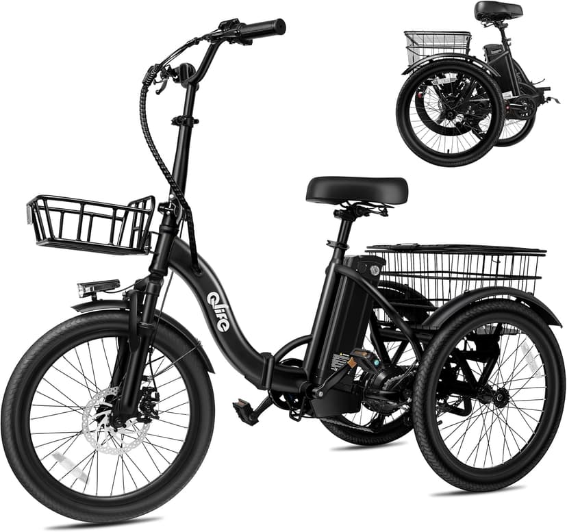 Qlife Triker Electric Bike, Peak 750W/1200W Brushless Motor Folding Trike Ebike, 499Wh Removable Battery, Step-Thru 3 Wheel Electric Bicycle, Up to 55 Miles, 20 Tire Tricycle for Adults