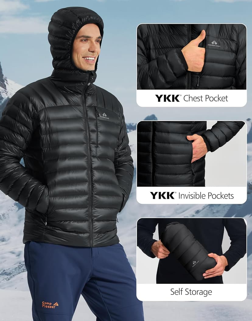 Pioneer Camp 850 Fill Goose Down Jacket Men Lightweight Packable Puffer Jacket with Hood Insulated Warm Winter Puffy Coat