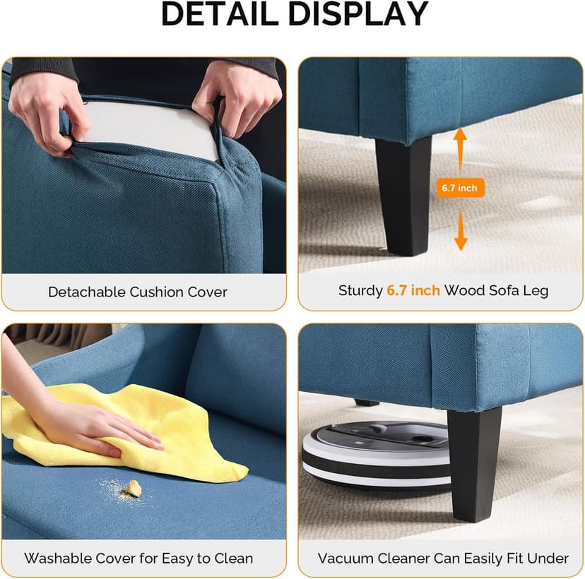 VINGLI Linen Fabric Accent Chair Navy Blue, Modern Upholstered Armchair, Comfy Sofa Chair Living Room Bedroom Furniture for Apartment