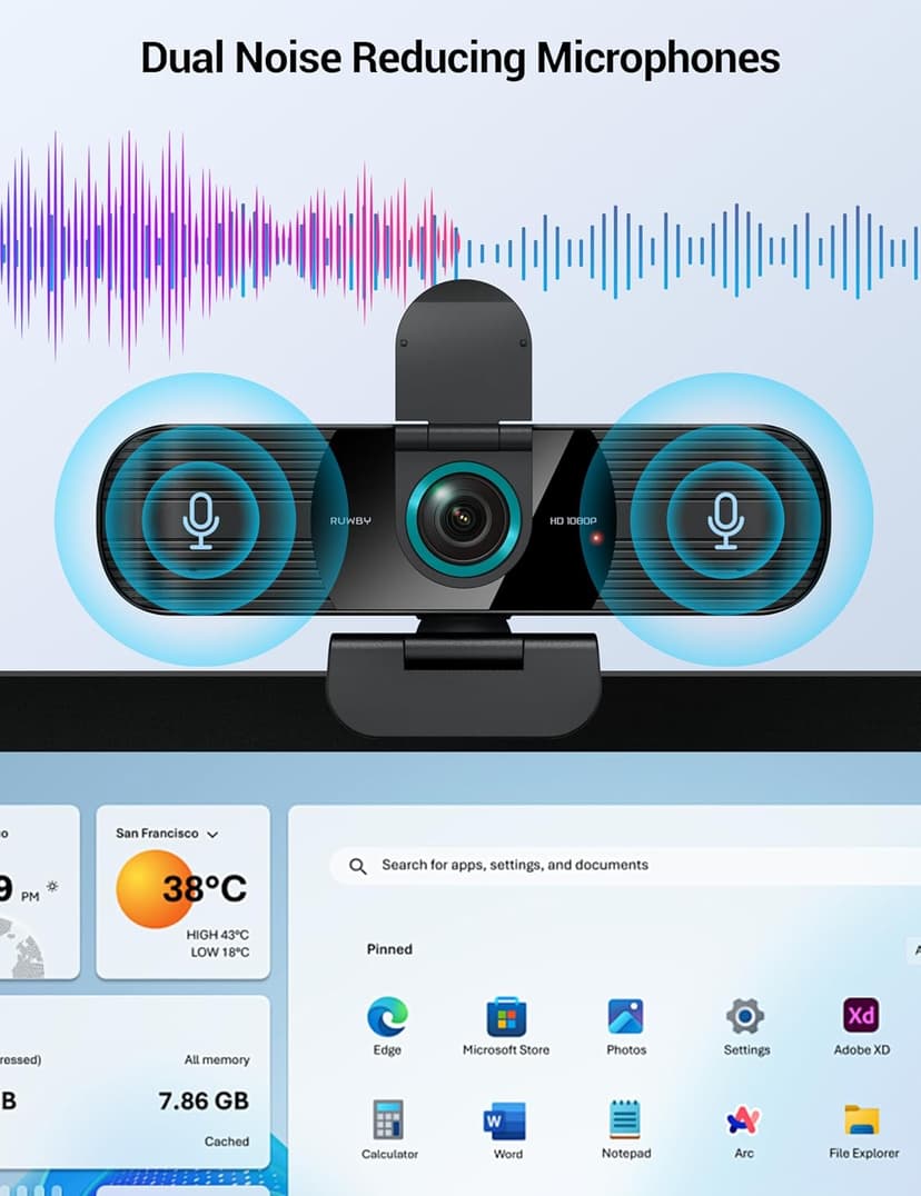 RUWBY Full HD 1080P Webcam with Built-in Dual Mics, Wide-Angle Lens, Privacy Cover, Tripod Stand, Autofocus Computer Camera, Plug and Play for Desktop PC or Laptop