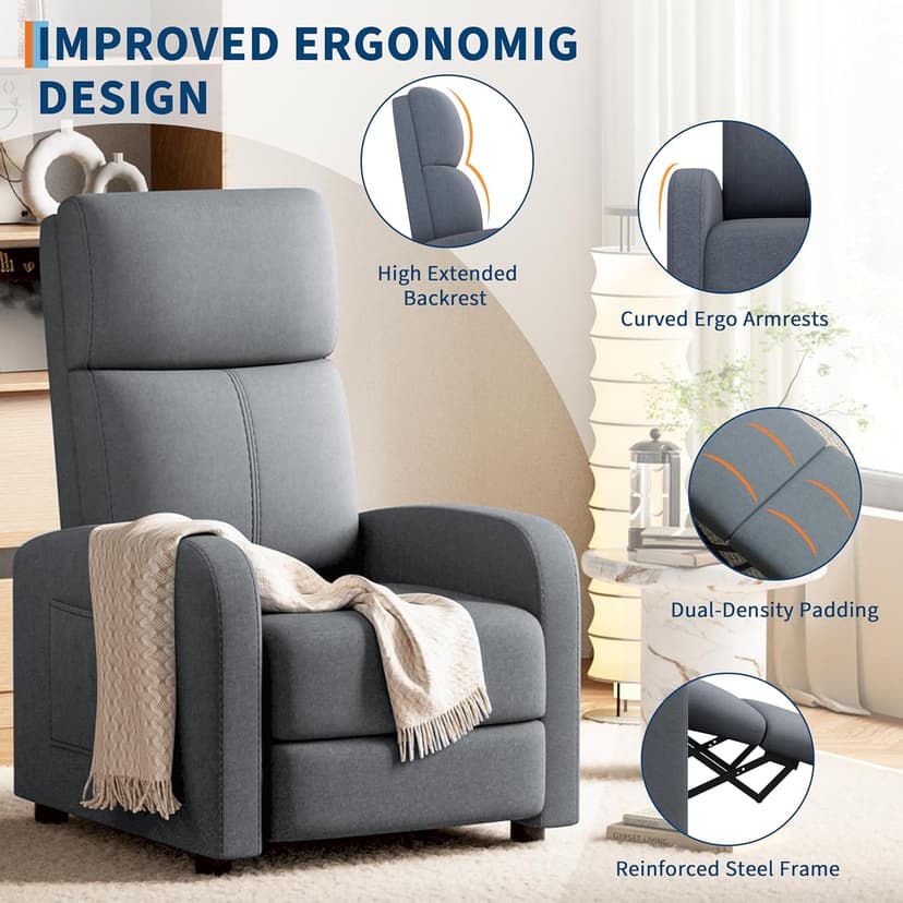 GarveeHome Linen Fabric Manual Recliner Chair, with Side Pocket, High Backrest, Thick Cushion, Adjustable Push Back Recliner,Cozy Lounge Chair for Living Room, Home Theater, Bedroom, Dark Gray