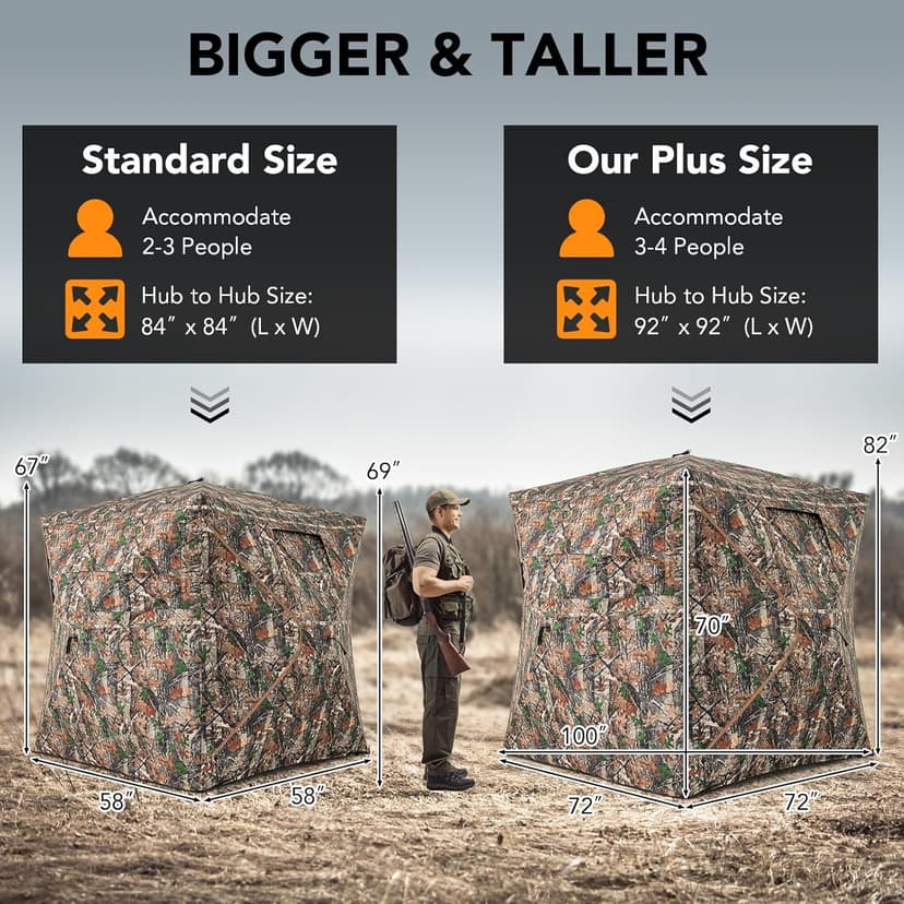 Tangkula Extra Tall 3-4 Person Hunting Blind, 270 Degree See Through Ground Blind with Silent Slide Windows, Zippered Door, Carry Bag, Pop Up Deer Blind for Turkey Hunting, Camouflage