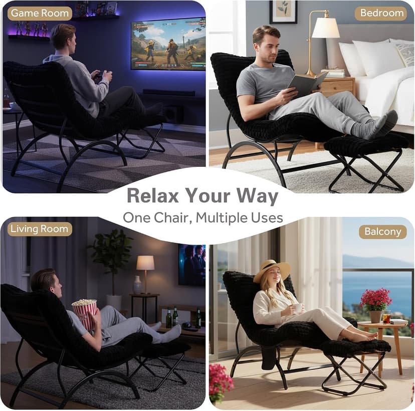 Welnow Black Lazy Chair with Ottoman, Oversized Reading Chair for Adults, Soft Padded Lounge Accent Chair for Living Room, Bedroom, Comfortable Reclining Leisure Chair with Side Pocket