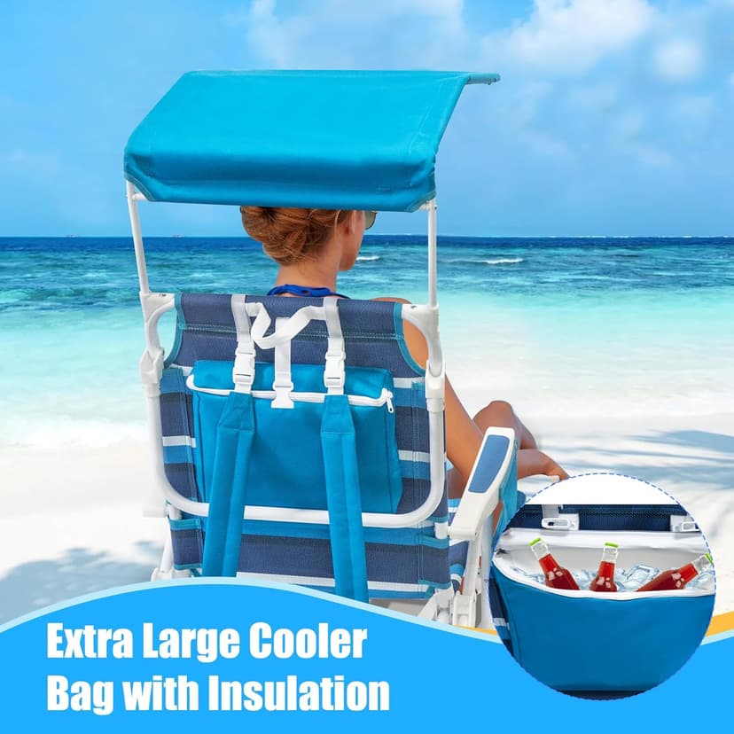2 Pack Beach Chair with Canopy Shade, 5 Positions Lay Flat Textilene Reclining Beach Chair with Backpack Straps, Cooler Bag & Cup Holder for Outdoor Lawn Camping