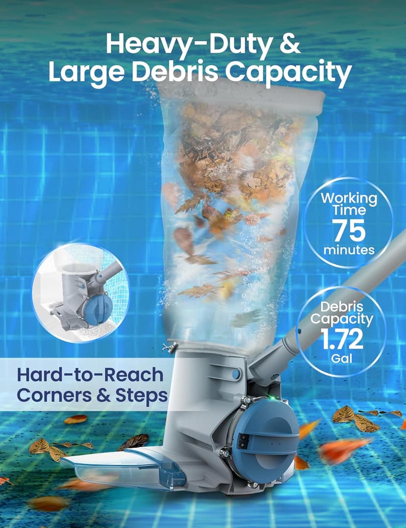 KOKIDO Rechargeable Heavy Duty Pool Leaf Vacuum Cleaner, Commercial Power Suction for Pool Closing, Standard and Fine Filter Bags, for Larger Leaves and Debris, Inground and Above Ground Pools XV910