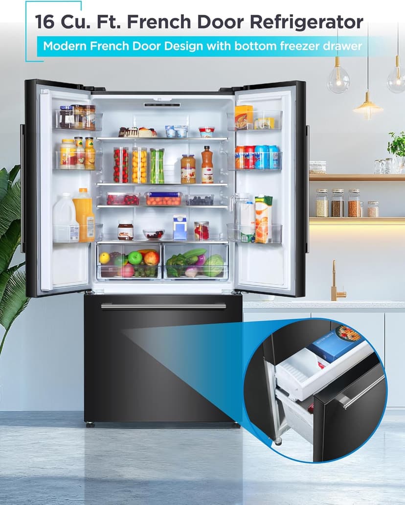 BLACK+DECKER 16 Cu. Ft. French Door Refrigerator with Built-in Ice Maker, Full Size Refrigerator with Bottom Mount Freezer Drawer, Frost Free, ENERGY STAR certified, BRF1600GIMB, Black