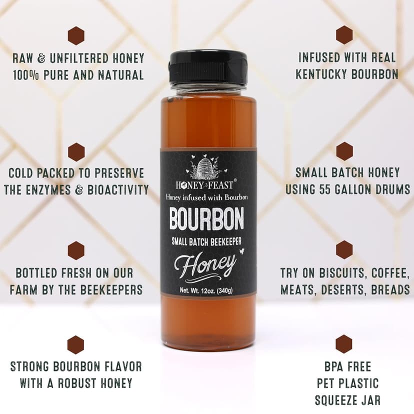 HONEY FEAST Bourbon-Infused Sweetener 12 oz | Artisanal Small-Batch Raw Blend | Ideal for Bourbon Enthusiasts & Gourmets B086RMJKQ9
