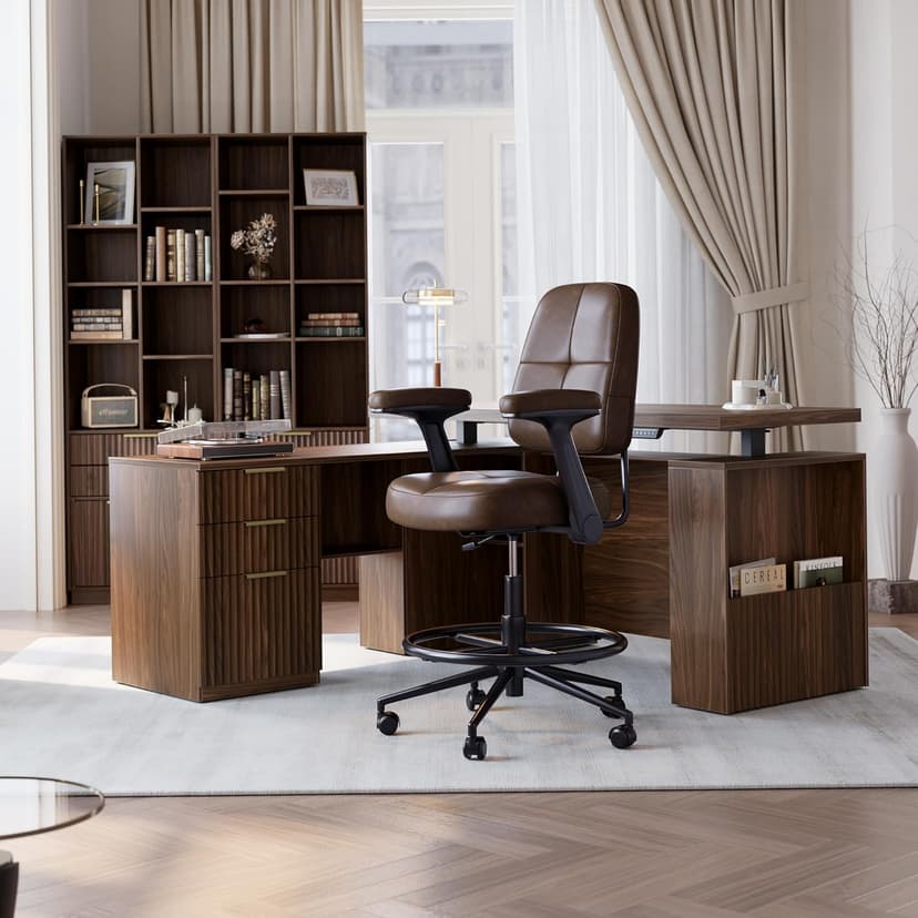 Drafting Executive Chair, Tall Office Chair with Padded Flip-Up Armrests, Mid-Back Cushioned Seat, 360° Swivel Rolling Computer Desk Chair for Standing Desk & Home Office, Vintage Brown