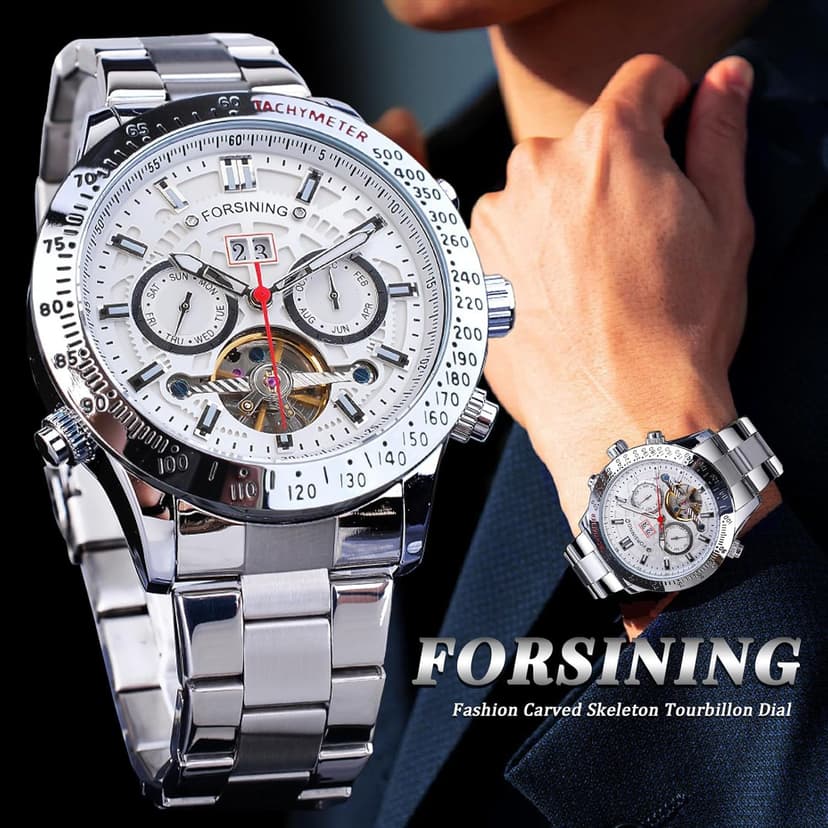 FORSINING Men Tourbillon Mechanical Self-Wind Watch, Day Date Month Full Calendar, Luminous Tachymeter Multifunctional Automatic Watches, Carved Big Dial Stainless Steel Band Wrist Watch
