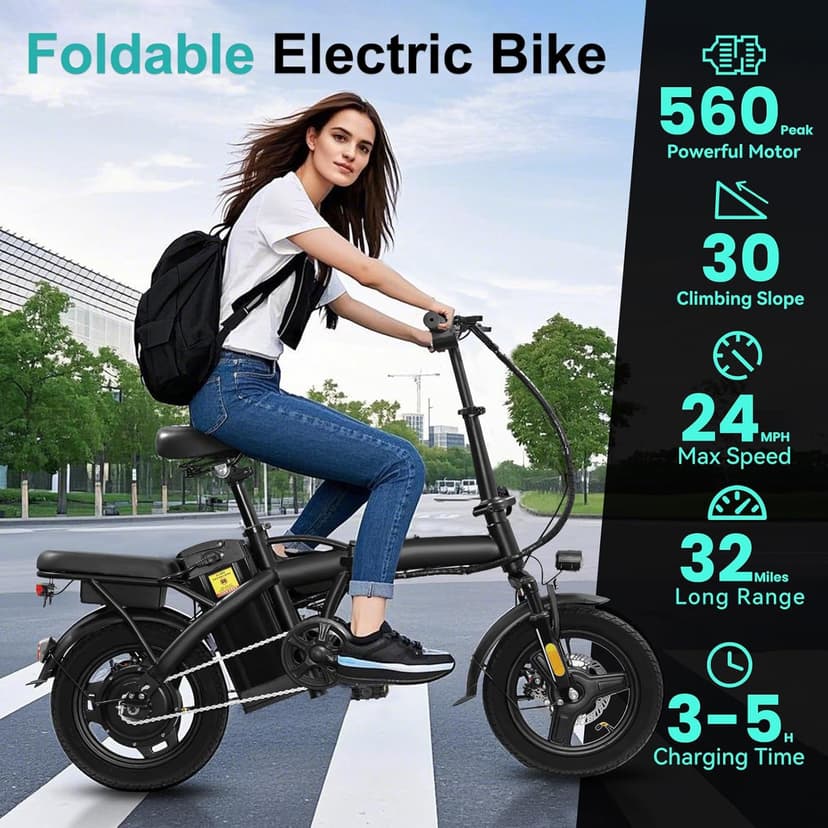 Electric Bike for Adults and Teens, 560-740W Motor, 20-25MPH Compact Commuter Folding Ebike, 32 Miles Range, 48V 10Ah Battery, 3-Level Pedal Assist, 14" Foldable Electric Bicycle, UL 2849 Certified