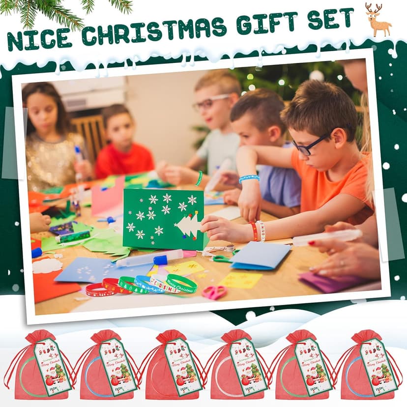 Liliful 72 Pcs Christmas Gifts 24 Set Christmas Students Gifts, Xmas Silicone Wristbands with Gift Label Tags and Organza Bags for Kids Stocking Stuffers Classroom Gift Party Favors(Merry Style)