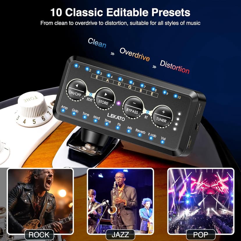 LEKATO Micro Guitar Headphone Amp Bass Guitar Headphone Amplifier with Multi Effects - Amp Models, IR Loading, Tuner, Rechargeable Electric Headphone Amplifier Delay Reverb Chorus Overdrive Portable