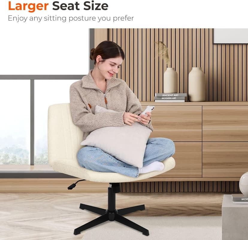 NEO CHAIR Criss Cross Chair No Wheels Armless Cross Legged Office Desk Wide Comfy Vanity Makeup Chair Adjustable Computer Task for Home Office Fabric (Beige)