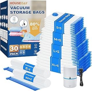 HOUSE DAY 30 Pack Vacuum Storage Bags with Electric Pump, 4 Sizes + 2 Roll-Up (5 Each), Space Saver Vacuum Seal Bags for Clothing, Bedding, Pillows, Travel – Airtight Seal, Reusable & Durable